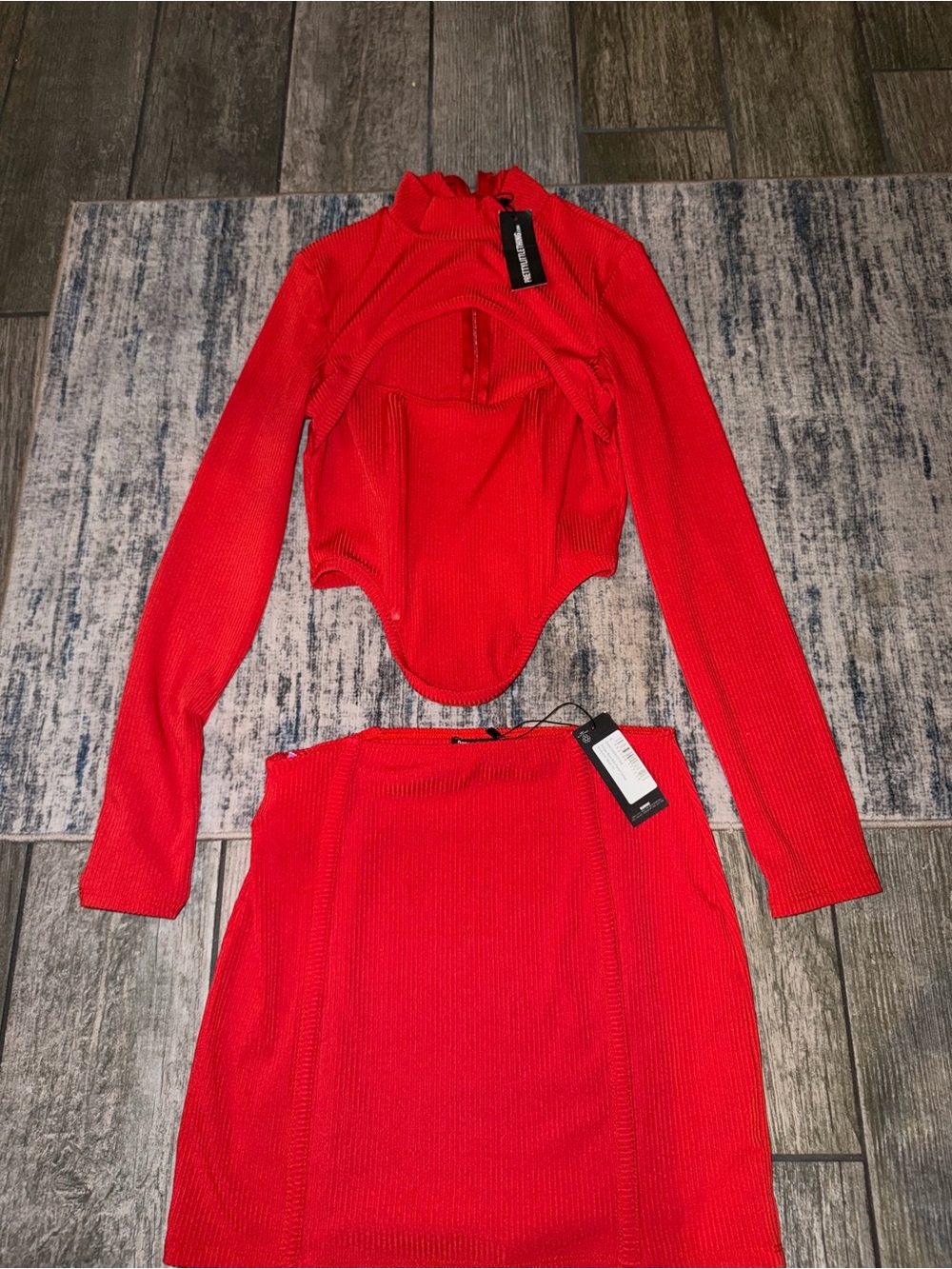 NWT PrettyLittleThing Shape Red Rib Cut Out Crop Top and Bodycon Skirt